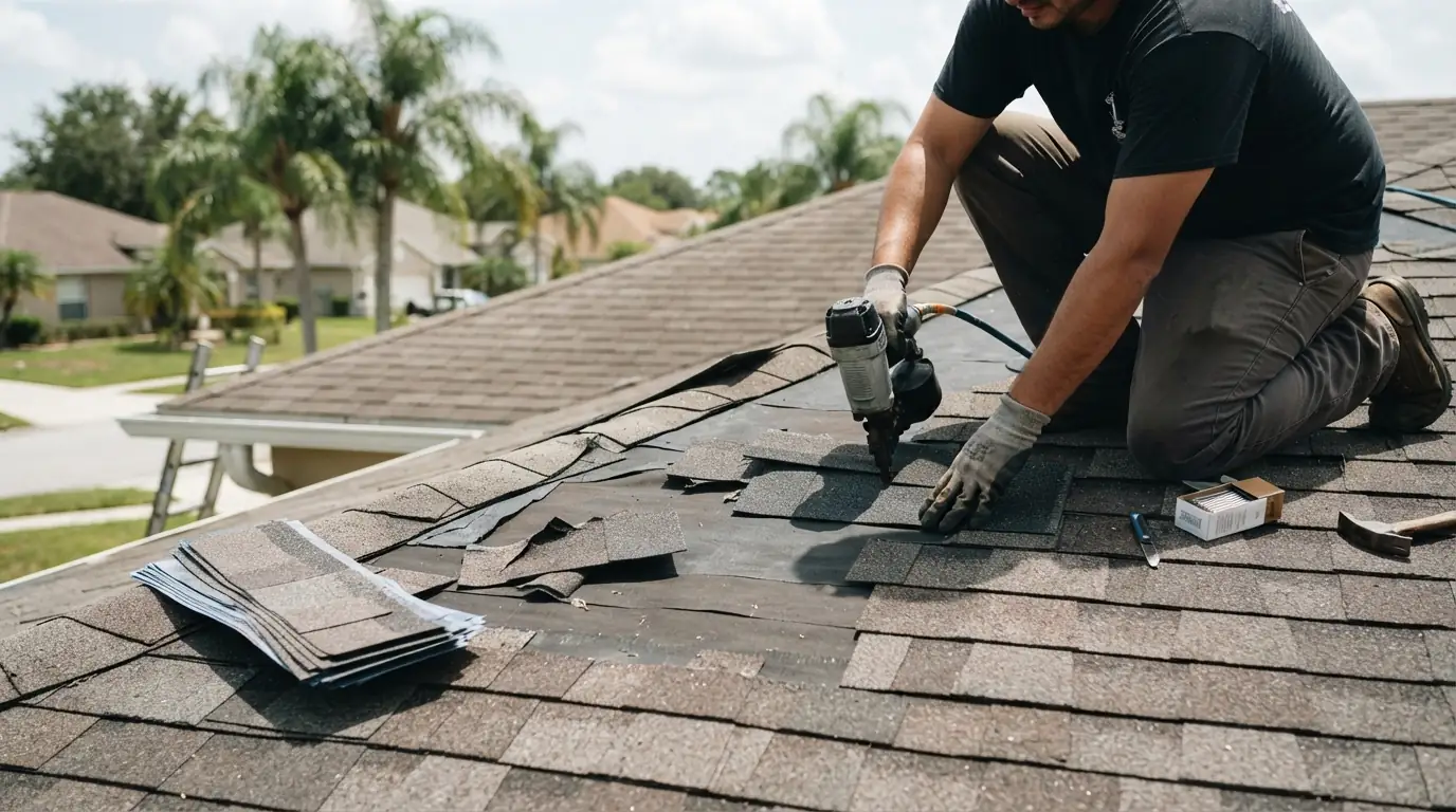 Torn shingles along a rake edge after high wind