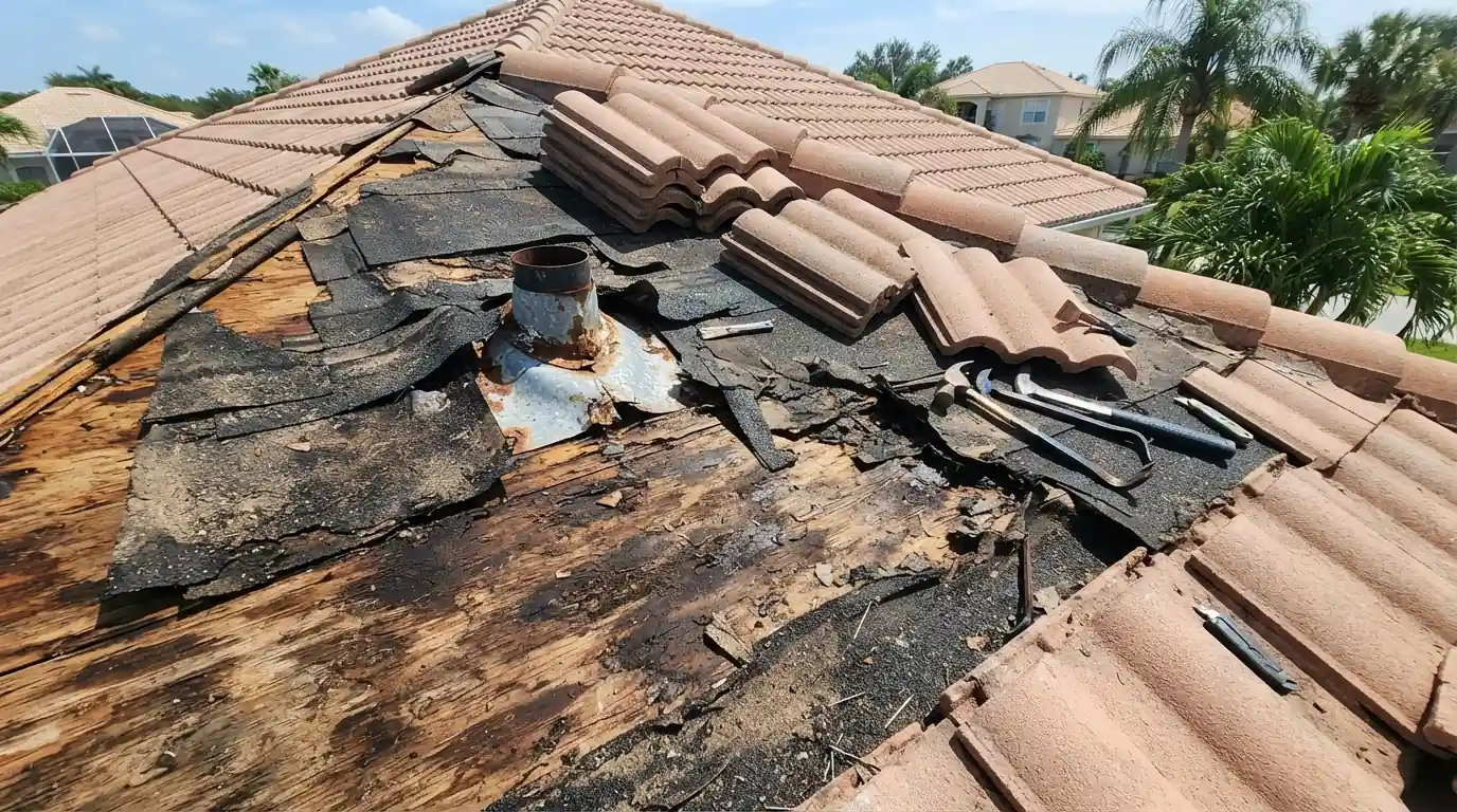 Section of tile roof with tiles stacked aside and new peel and stick underlayment laid