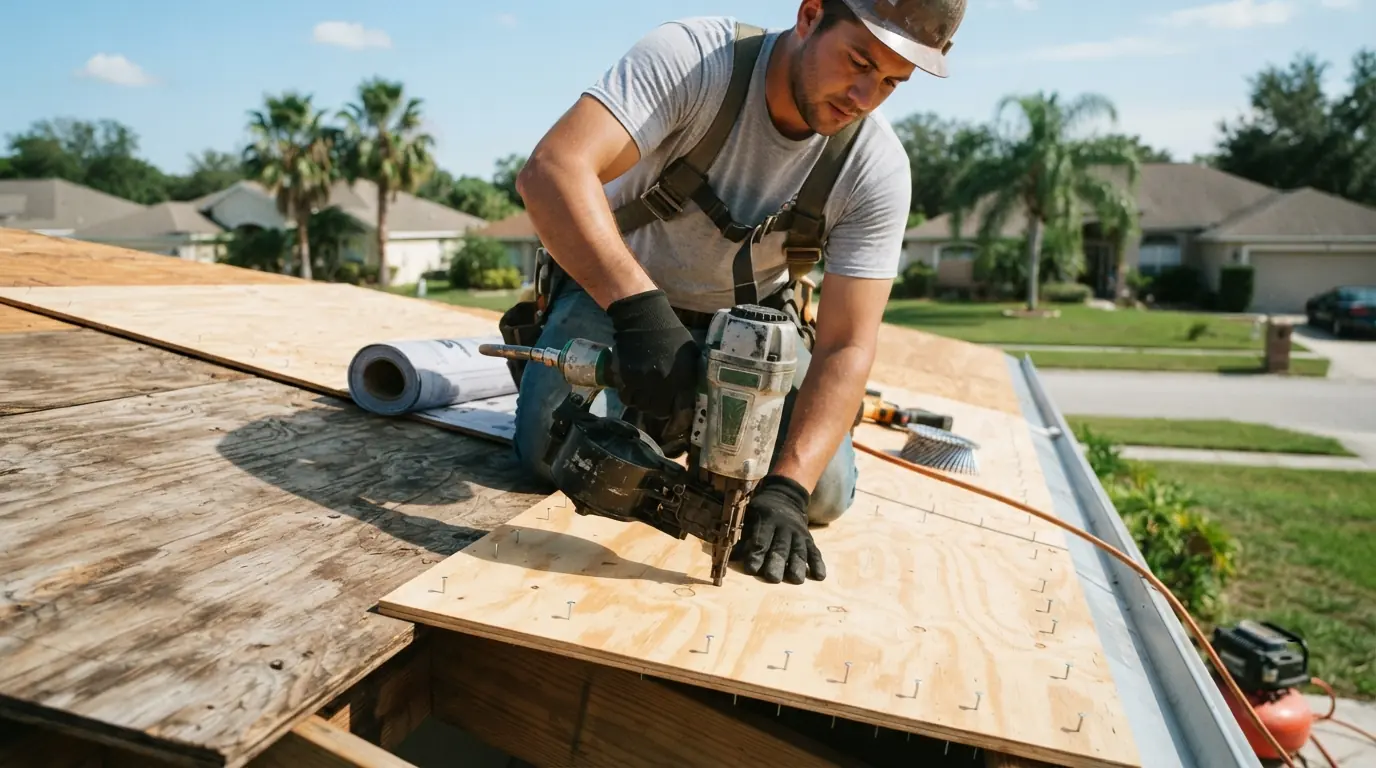 Roofer adding ring-shank nails along a rafter line on an exposed plywood deck