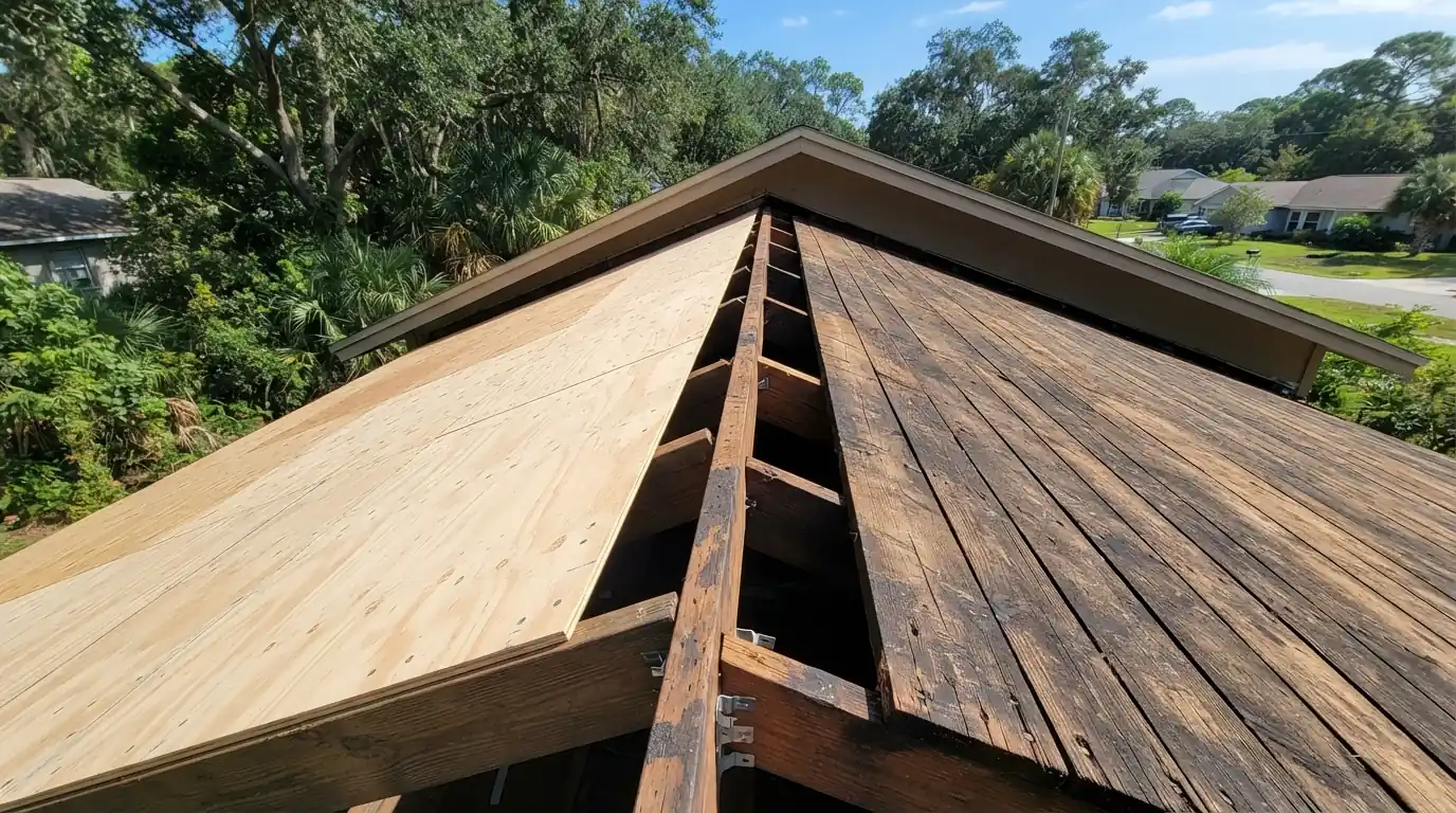 Open roof section showing new plywood beside old plank decking