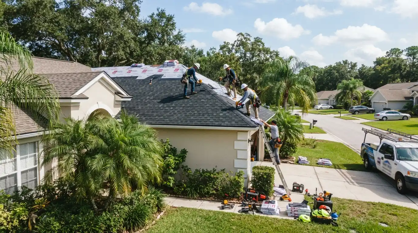Wind mitigation inspector photographing roof-to-wall straps in a Florida attic