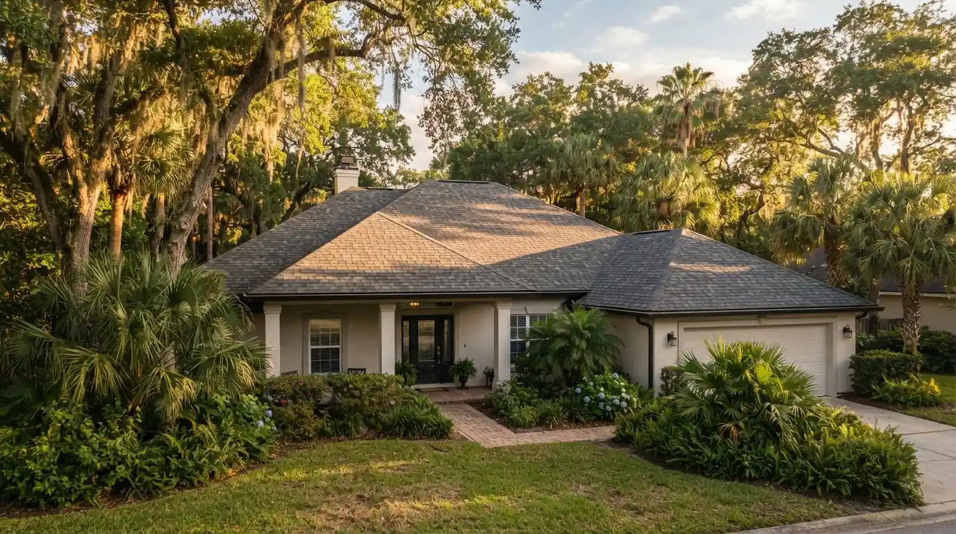 Finished architectural shingle roof on a Jacksonville home