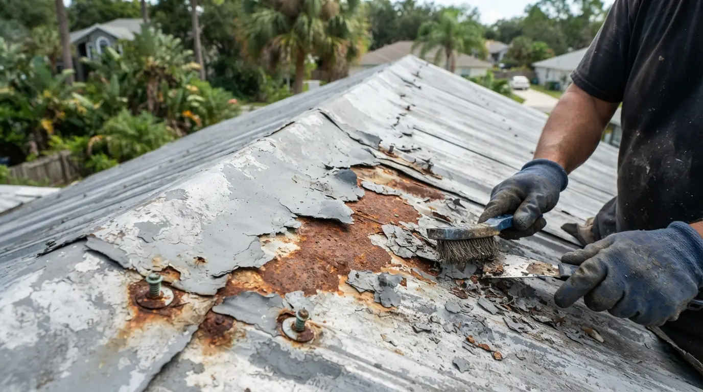 Rust at the cut end of a metal roof panel being cleaned and primed