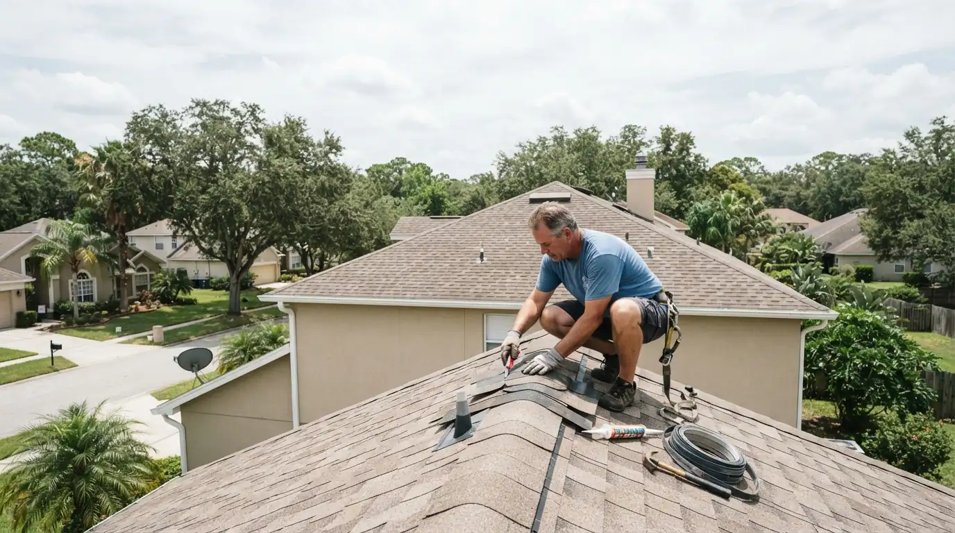 Roofer checking ridge caps on a Jacksonville house on a clear spring morning