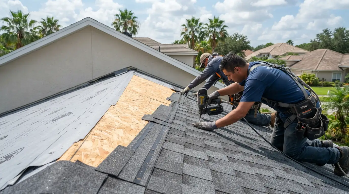 Roofer setting starter strip and nailing shingles in the nailing strip