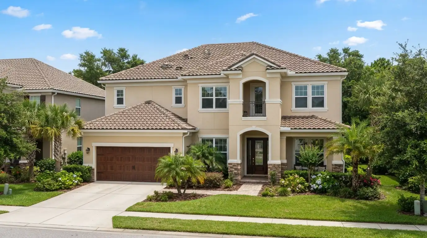 Concrete tile roof on a two story stucco home