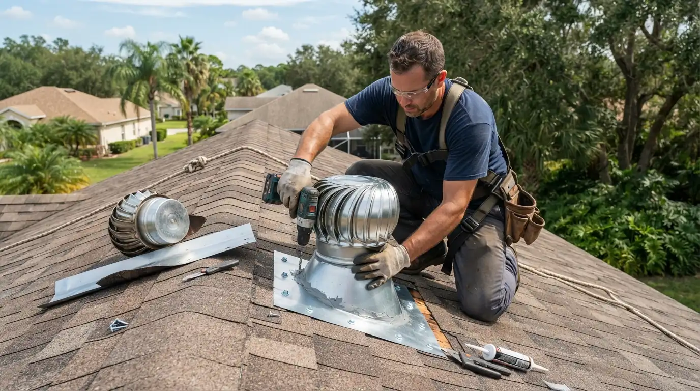 Old turbine vent removed from a shingle roof with the deck opening patched