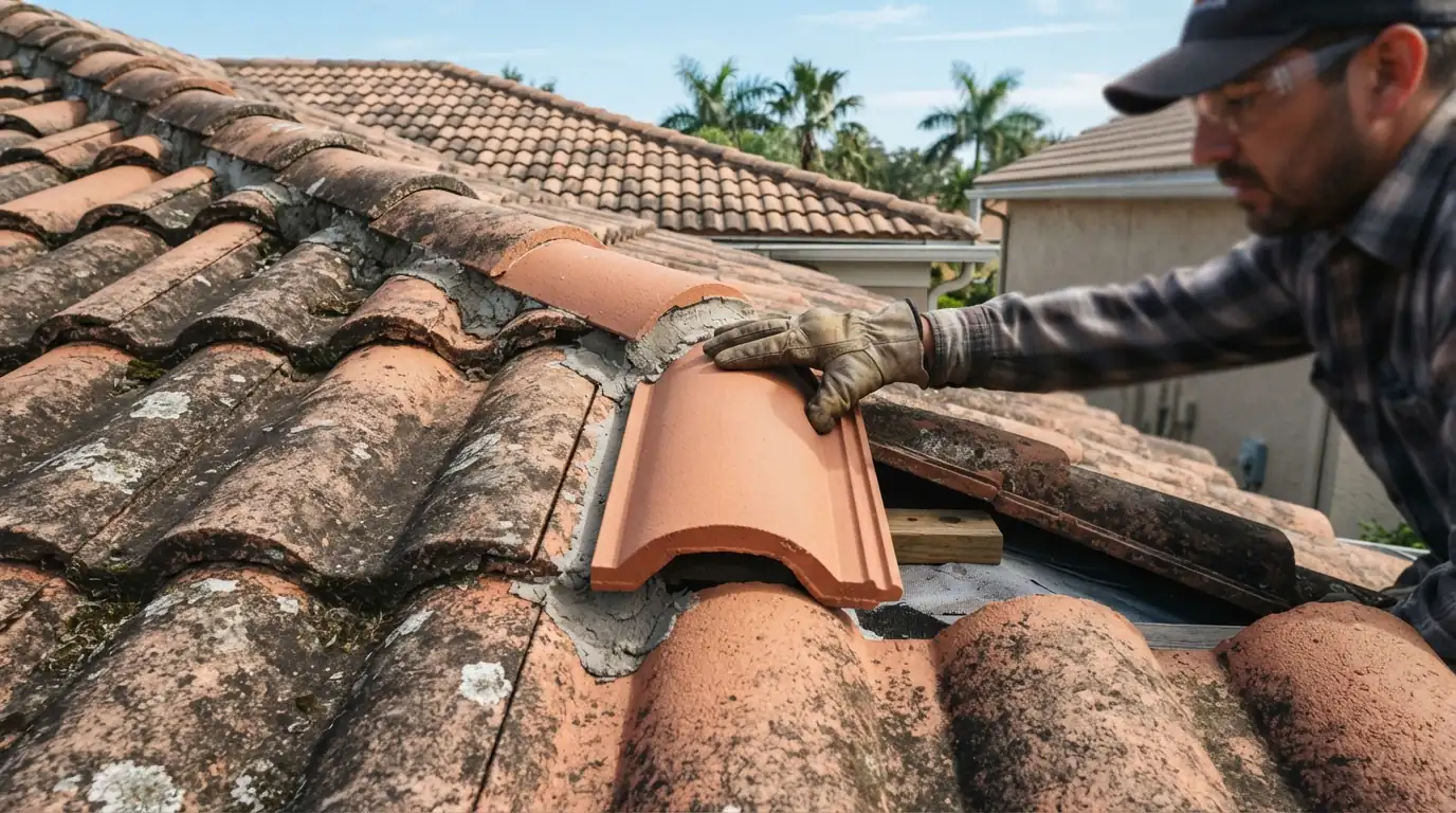 Hand fitting a replacement clay tile into a course on a Florida roof