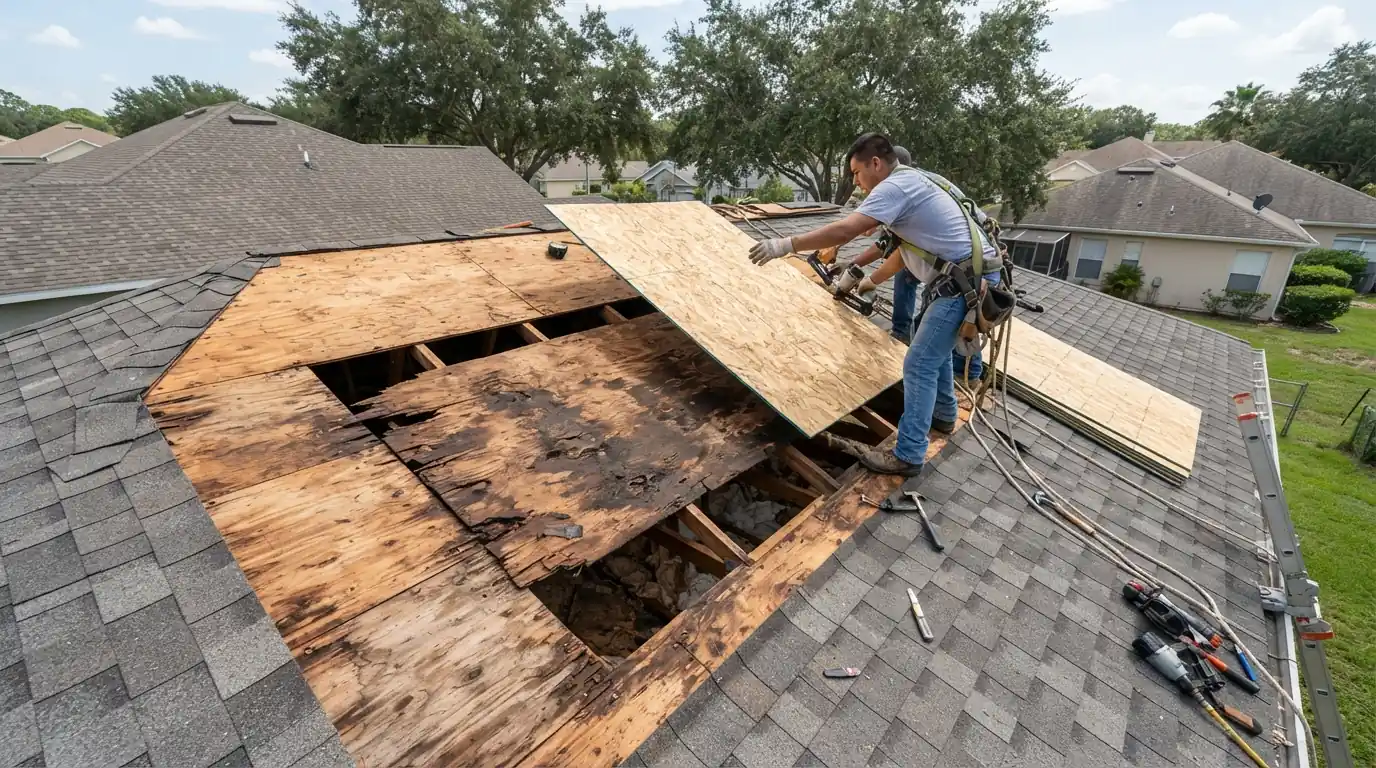 New plywood sheet fastened across rafters where rotted sheathing was removed