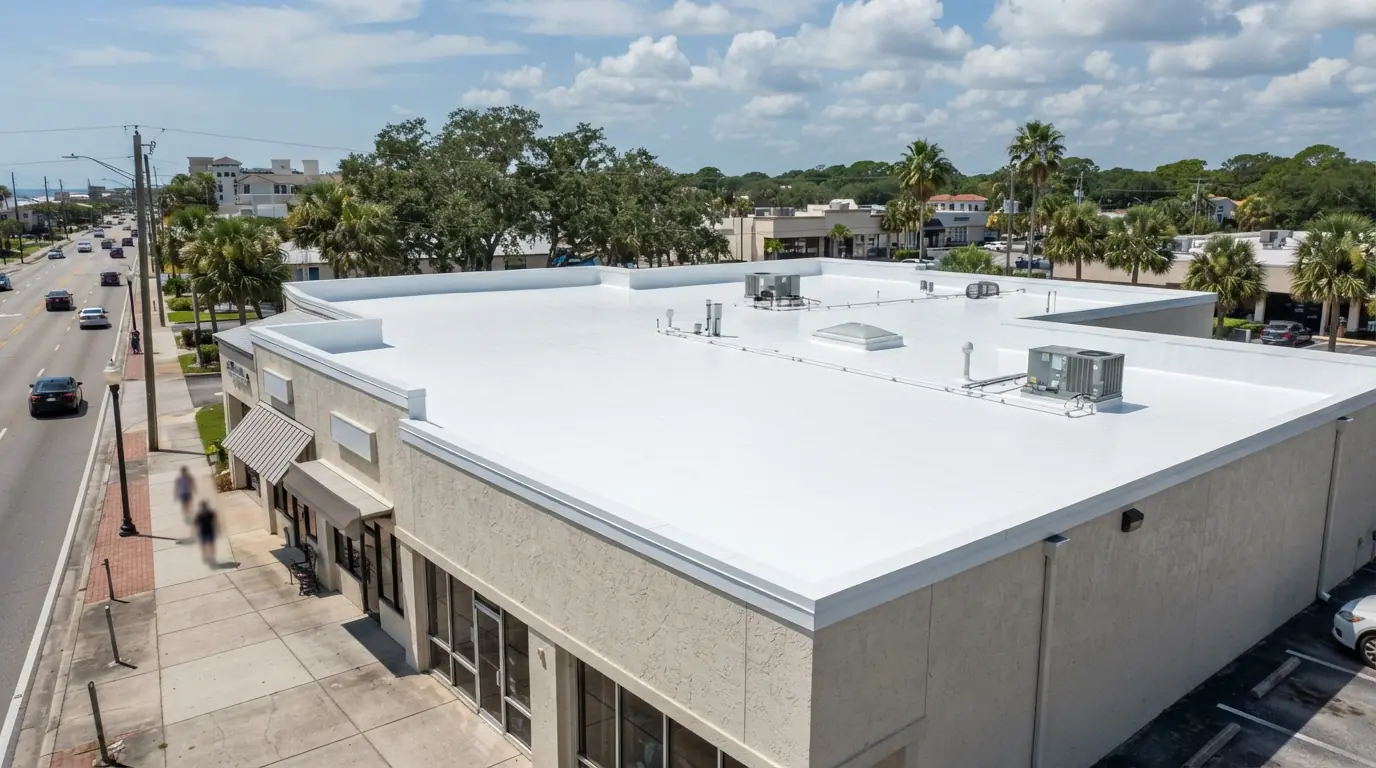 White membrane roof on a storefront