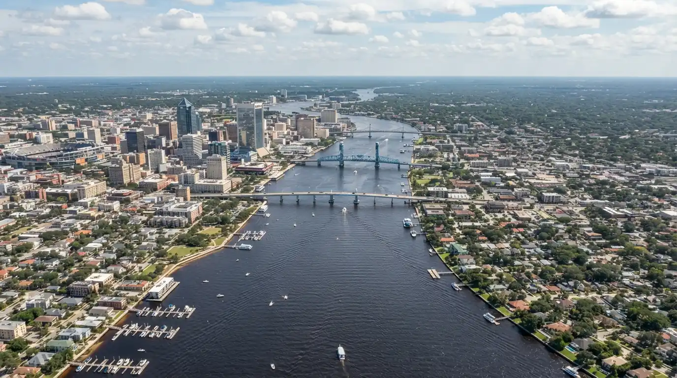 Aerial view of the St. Johns River with Jacksonville neighborhoods on both banks