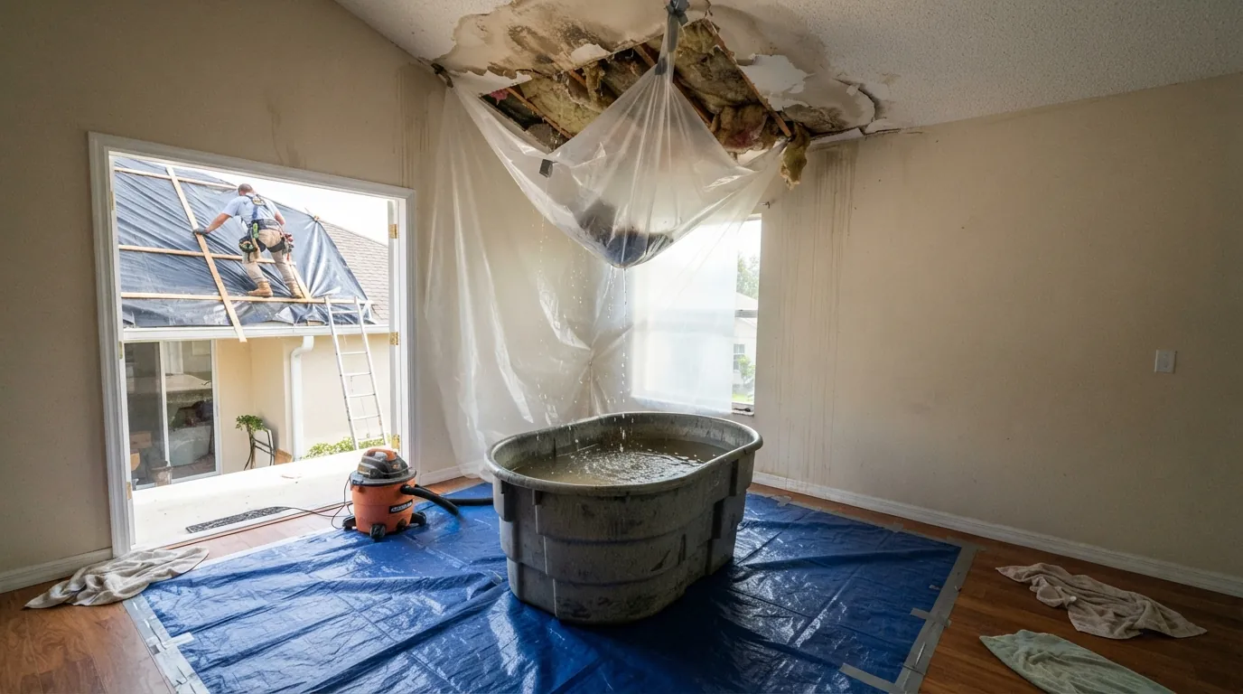 Bucket catching water under a punctured ceiling bulge after a roof leak