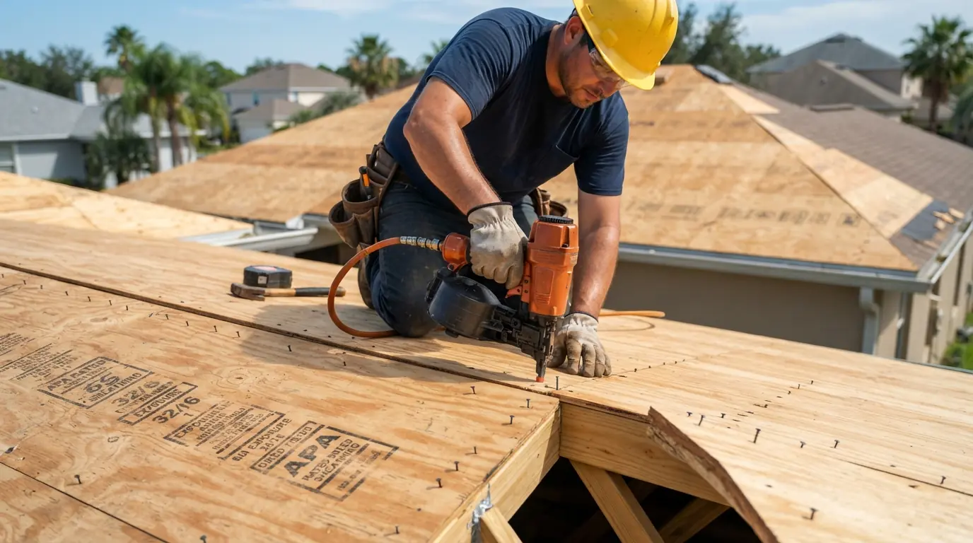 Ring-shank nails being added along rafter lines on an exposed roof deck
