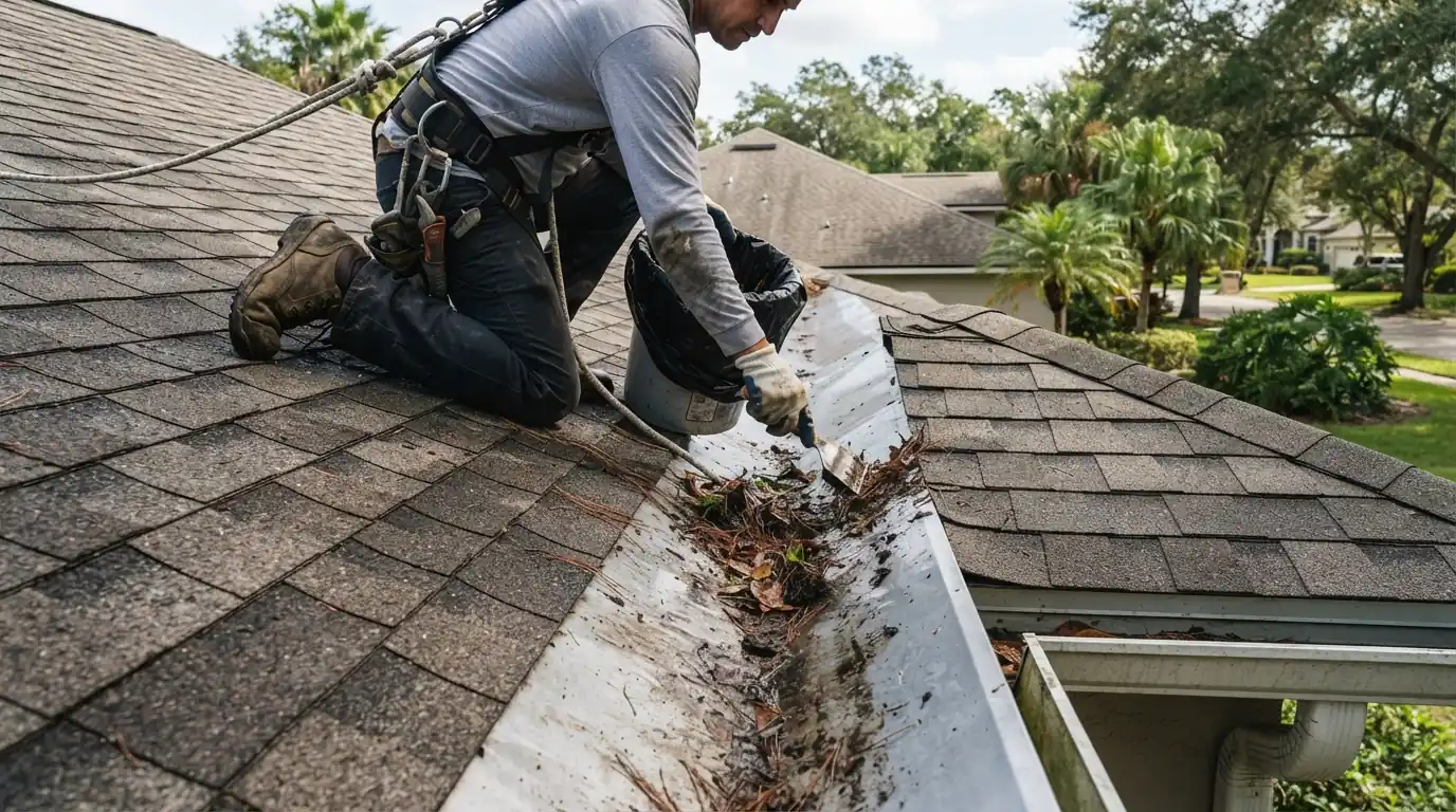 Clean roof valley after pine needles and leaves were cleared