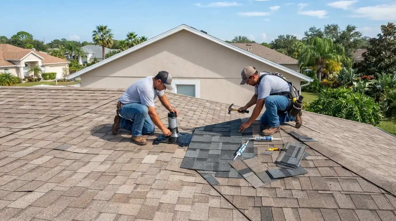 Roofer replacing a cracked pipe boot before a roof certification inspection