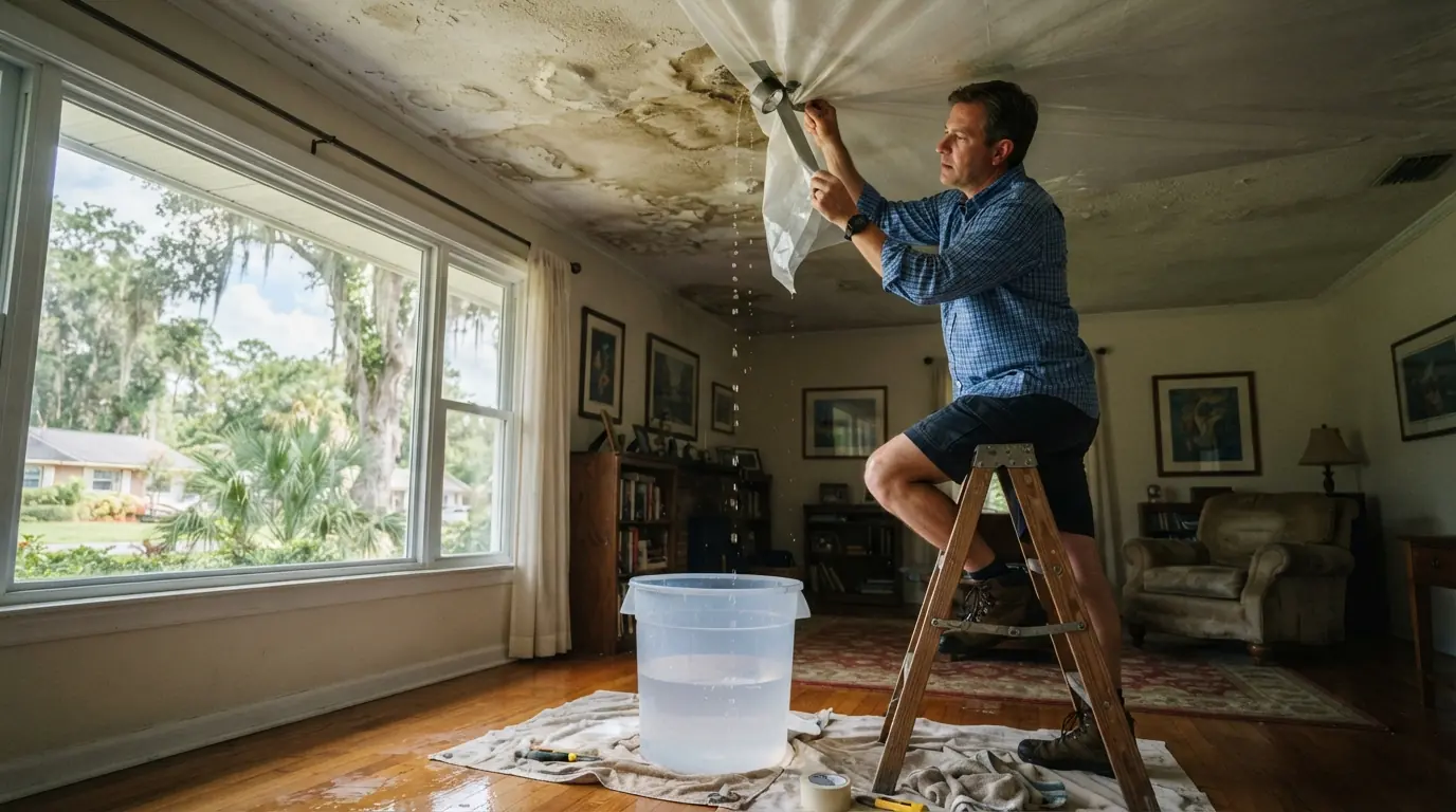 Bucket catching a drip under a stained ceiling in a Jacksonville living room