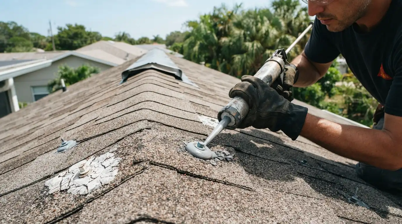 Roofer replacing worn washers on exposed fasteners of a metal roof