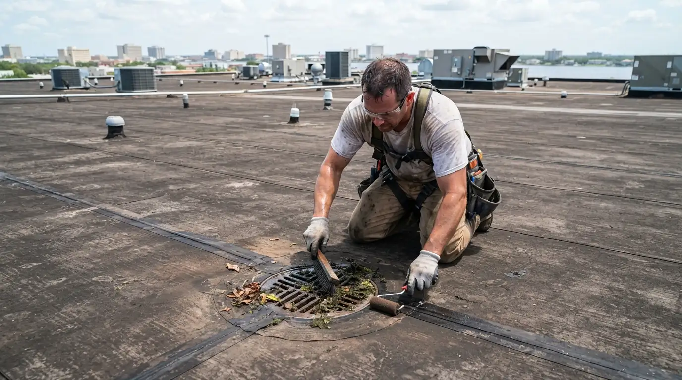 Roofer clearing a roof drain and checking seams on a commercial flat roof