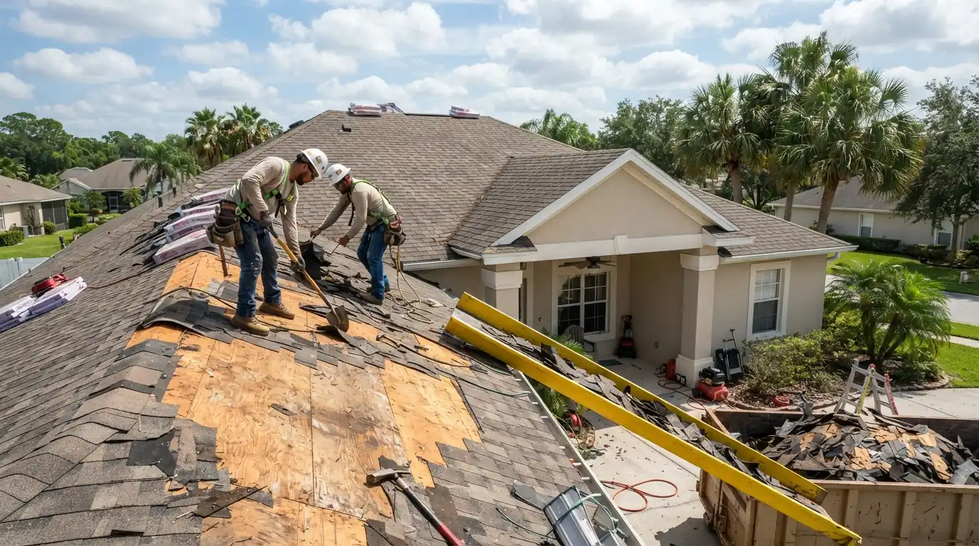 Roof stripped to the deck with fresh underlayment going down the same day