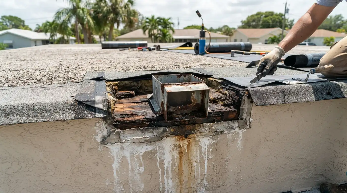 Rusted scupper and loose parapet cap on a flat roofed building