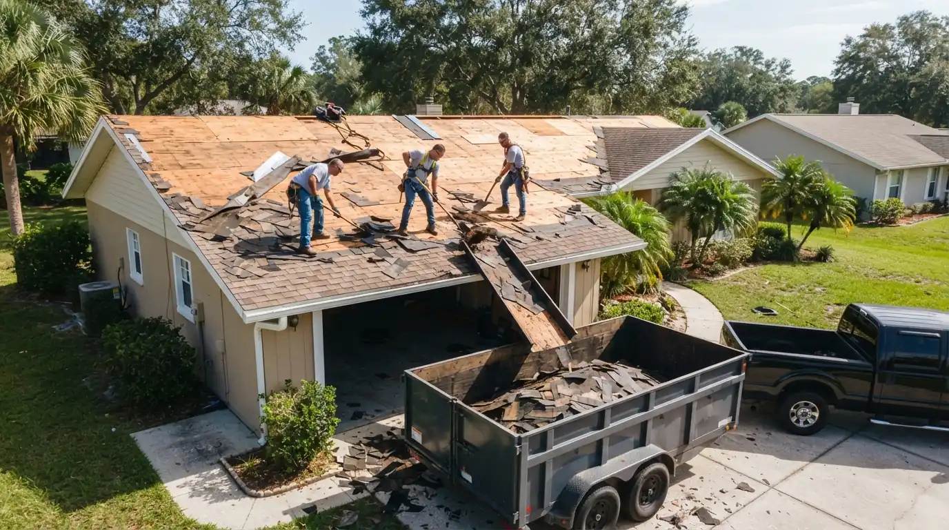 Crew tearing off old shingles down to the deck on a Jacksonville ranch home