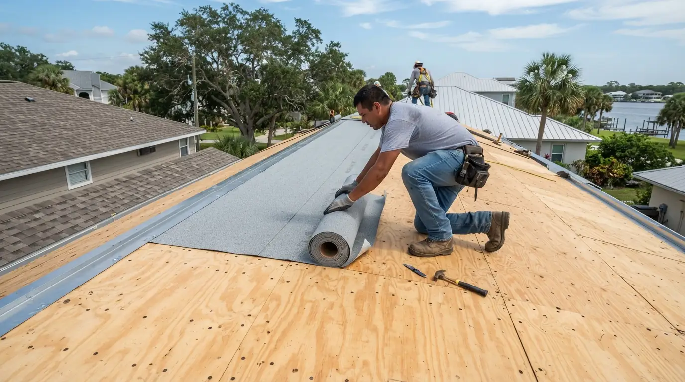 Peel and stick secondary water barrier over a re-nailed plywood roof deck