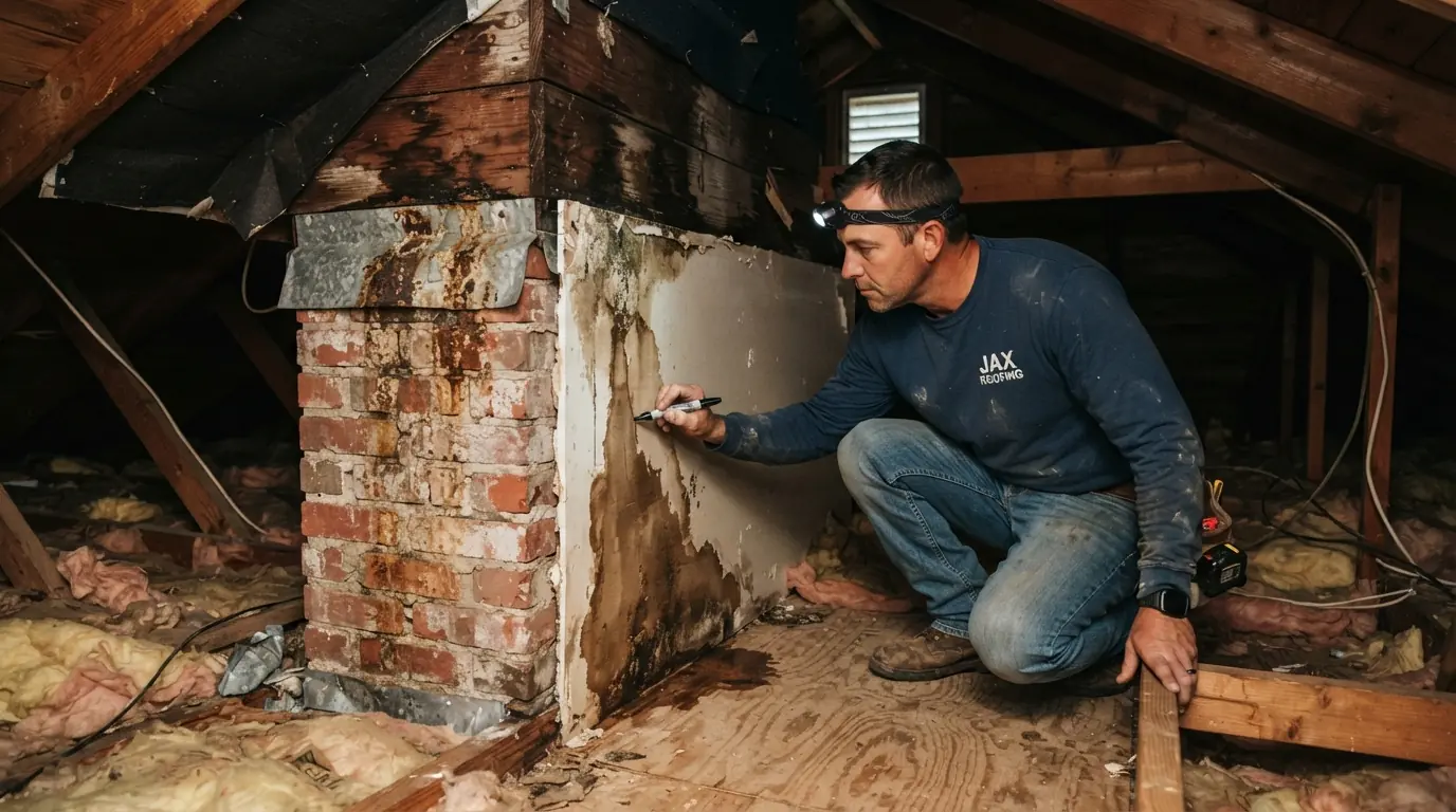 Roofer tracing water stains beside a chimney in an attic