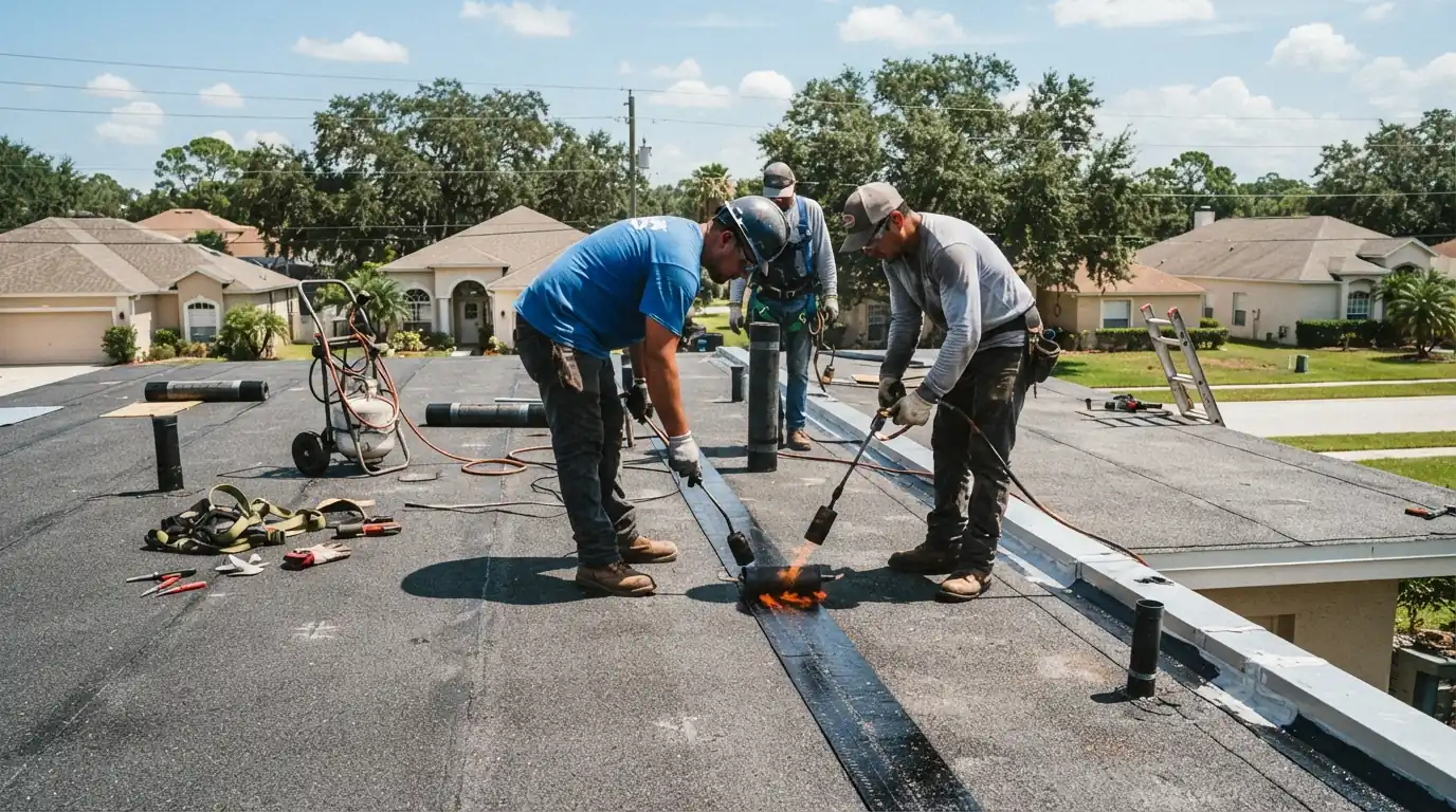 Self-adhered modified bitumen cap sheet being rolled onto a low-slope roof