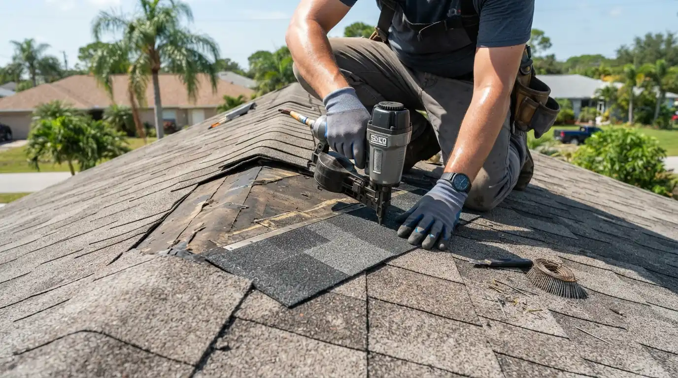 Gap in a shingle course where blown-off shingles are being replaced
