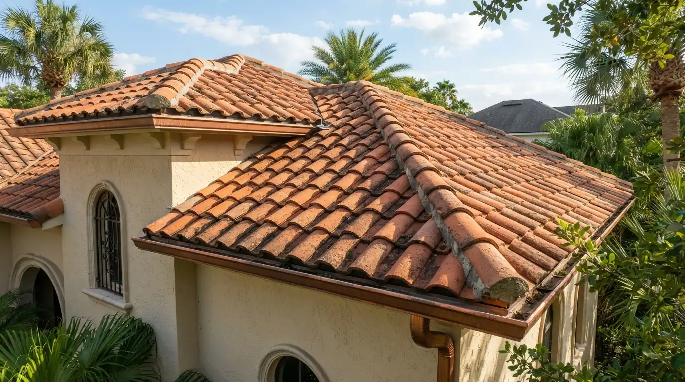 Clay barrel tile roof on a Mediterranean revival home in Jacksonville