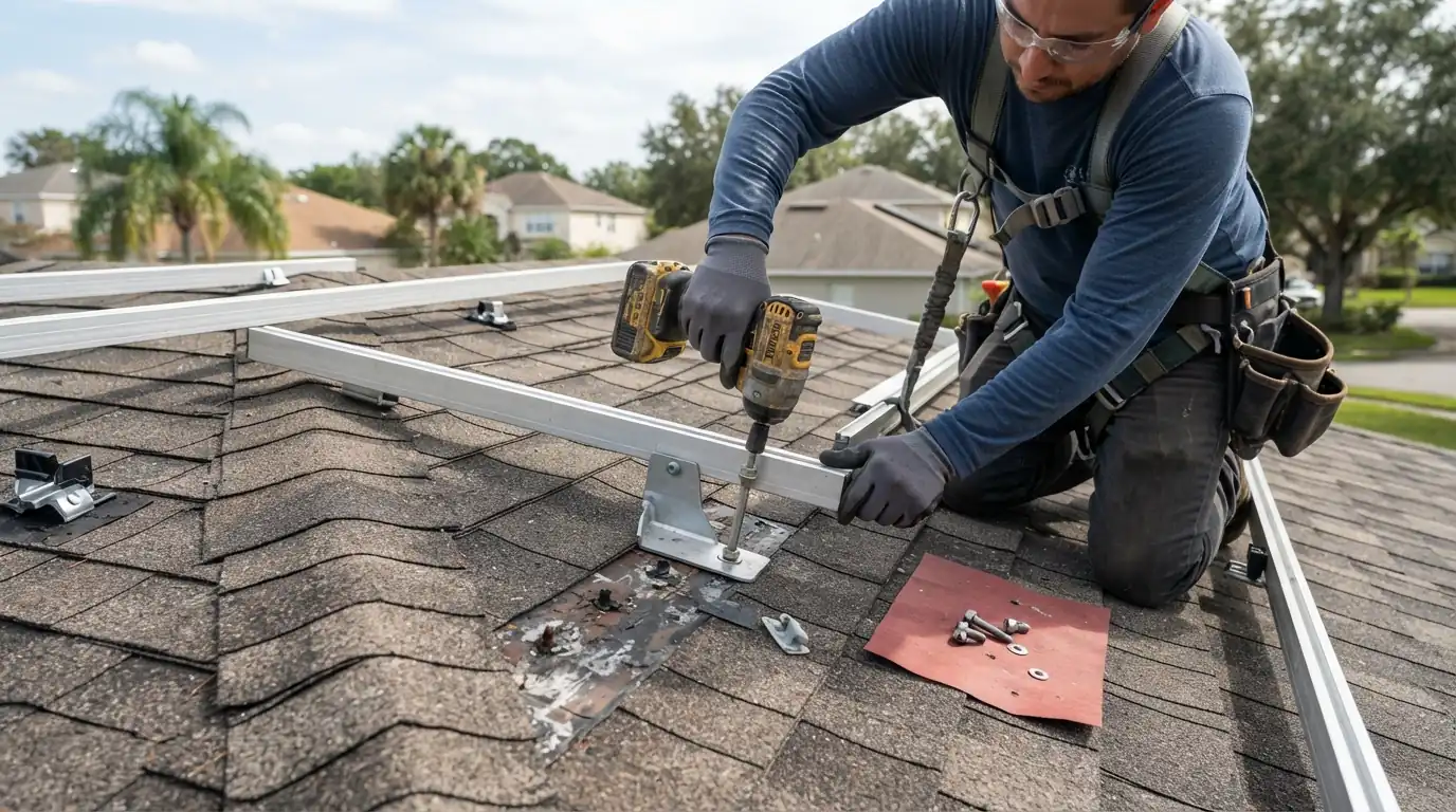 Solar racking rails being unbolted from a shingle roof before a reroof