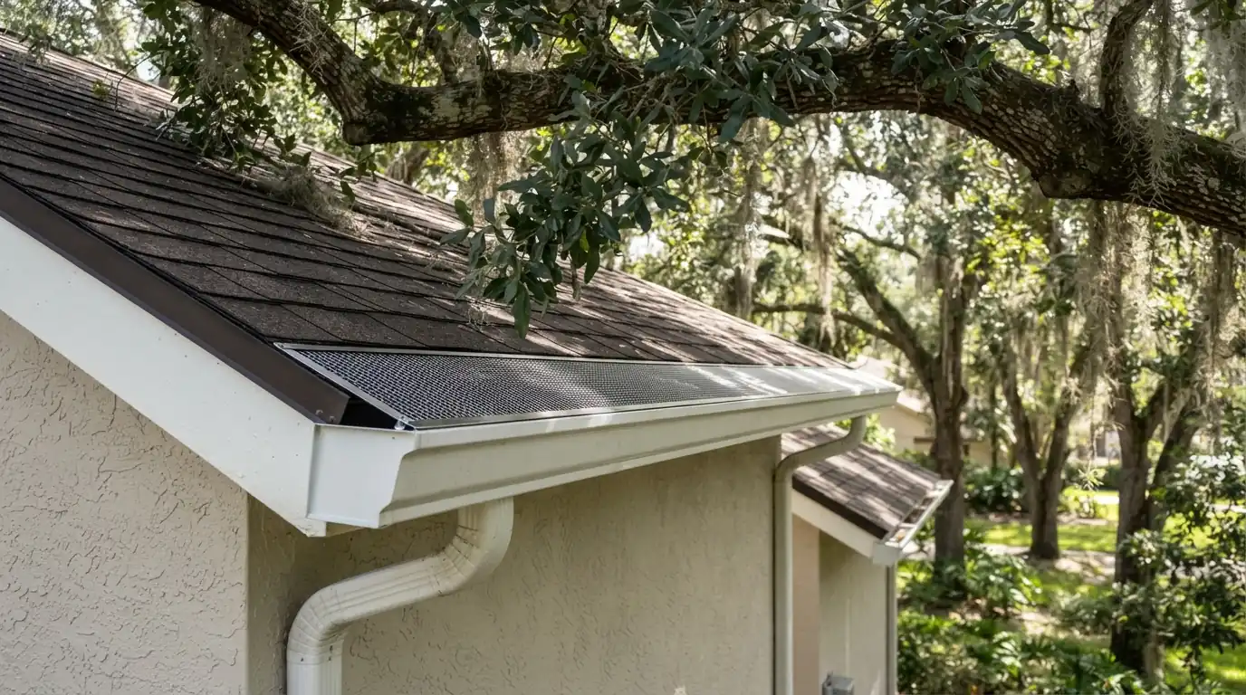 Micro-mesh gutter guards installed under live oak branches on a Florida home