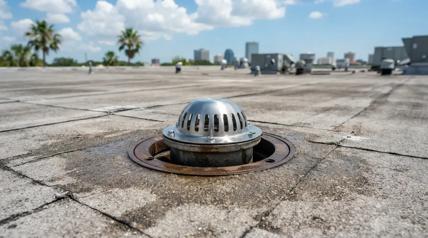 Cleared roof drain with a new strainer on a flat commercial roof