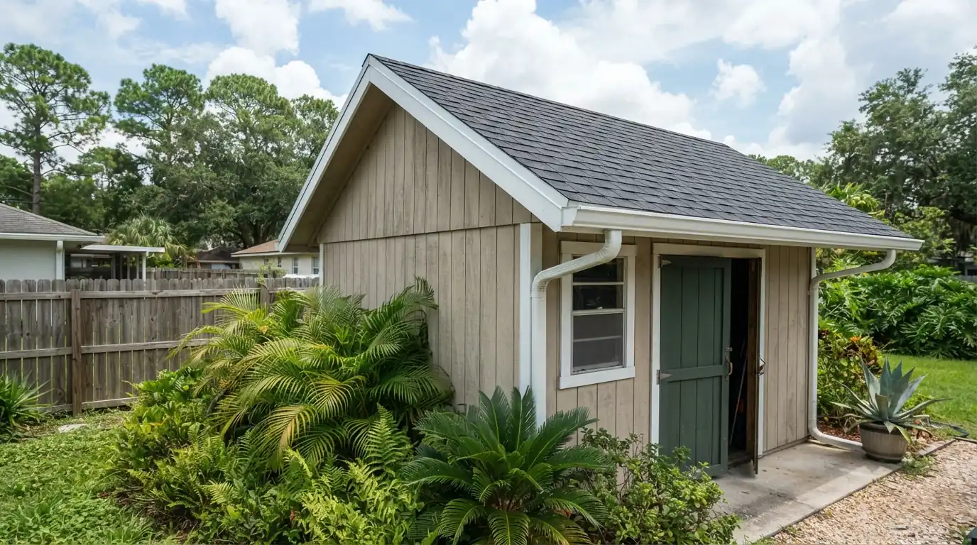 Backyard workshop with a fresh shingle roof and drip edge