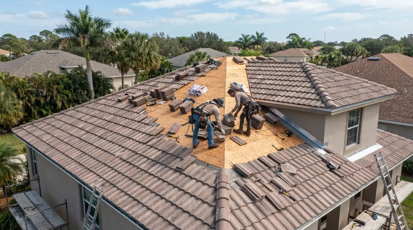 Stacks of gray concrete S-tile staged on a roof before installation