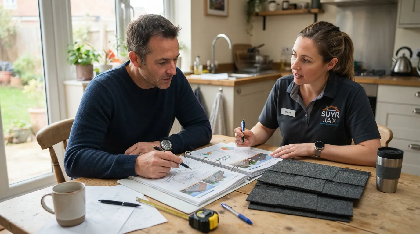 Homeowner and roofer reviewing a roof report at a kitchen table