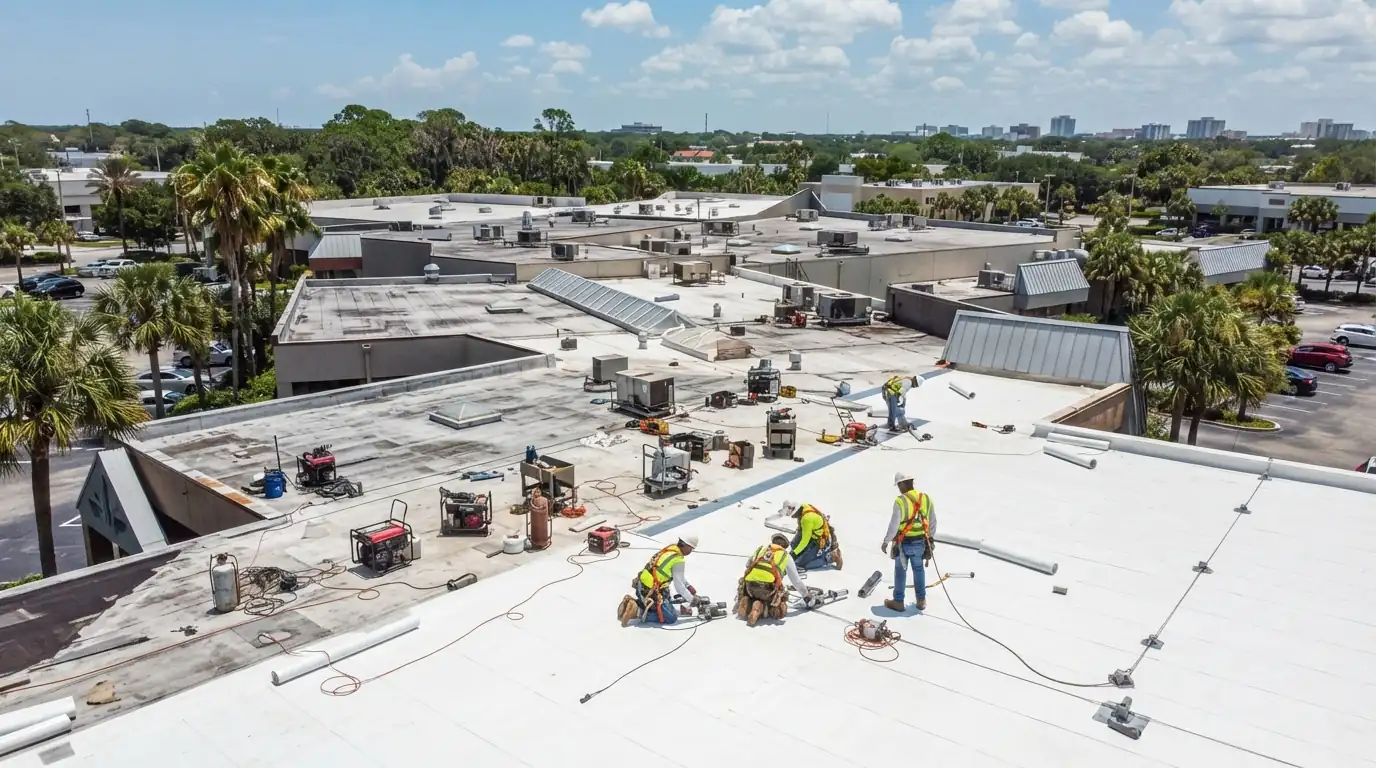 Wide warehouse roof with skylights, exhaust fans and long drainage runs