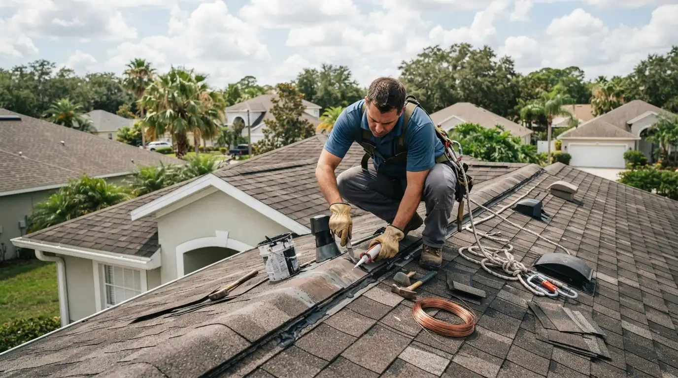 Roofer resealing a pipe boot and securing a ridge cap before storm season