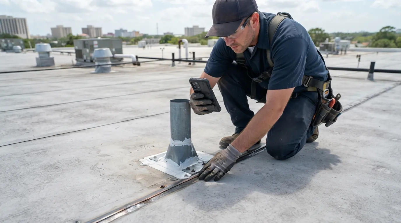 Roofer photographing a membrane seam during a scheduled commercial roof inspection