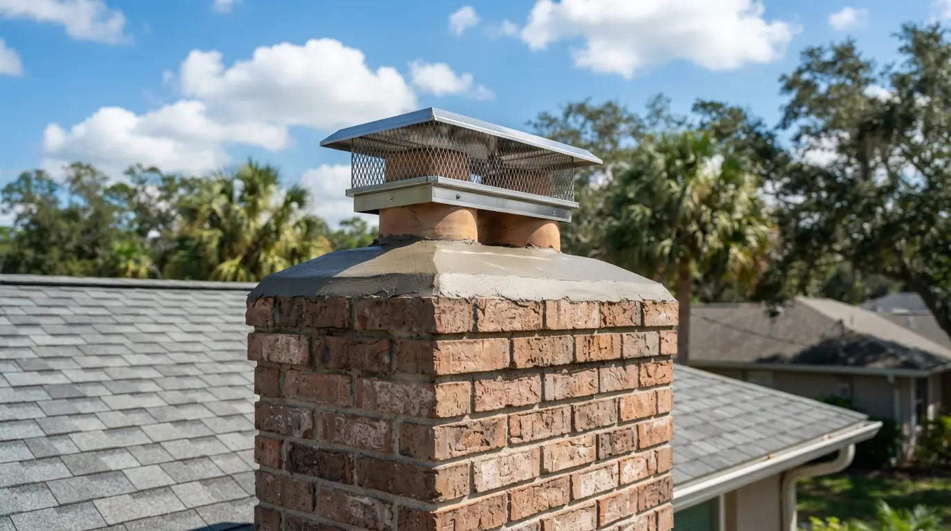 New mortar crown and stainless chimney cap on a brick chimney