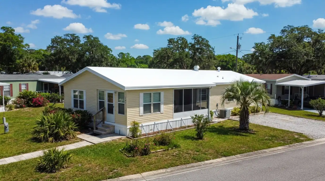 White membrane roof-over on a single wide manufactured home