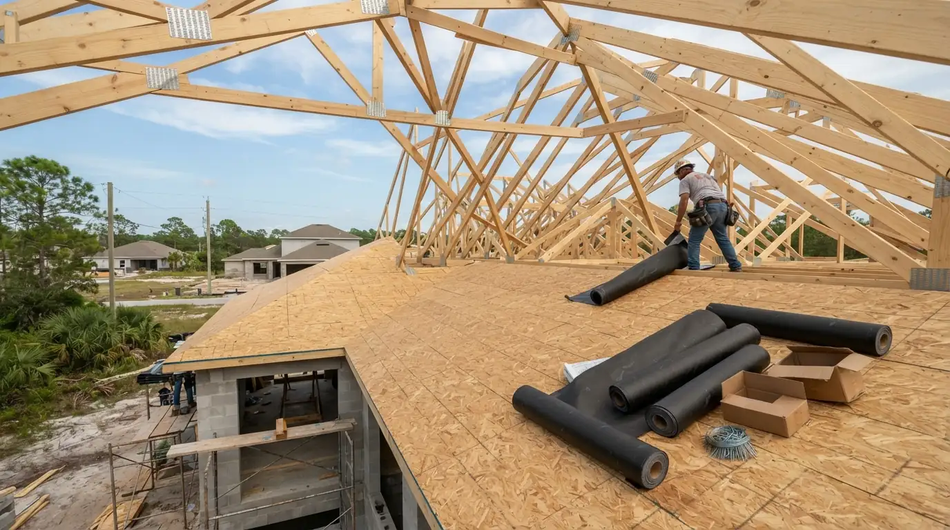 Sheathed roof trusses on a Jacksonville new build with underlayment rolls staged for dry-in