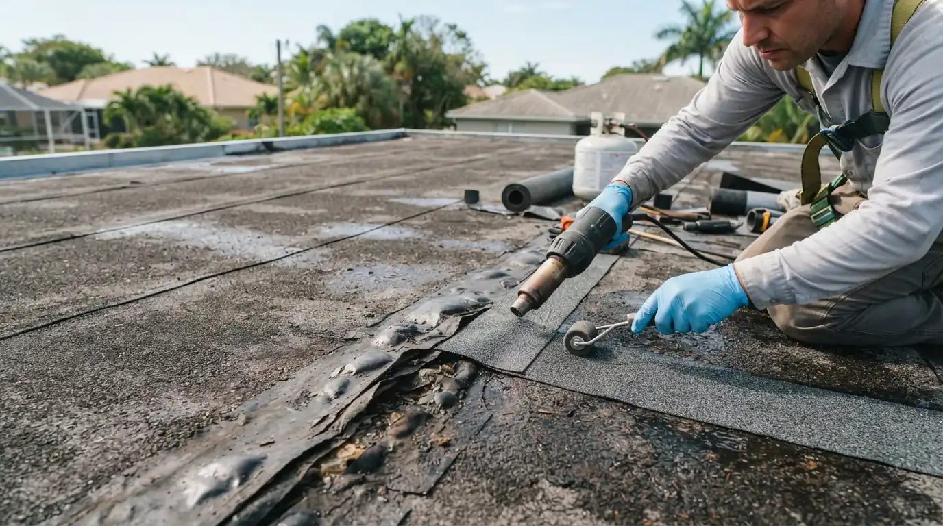 Split seam and blister on a weathered flat roof membrane
